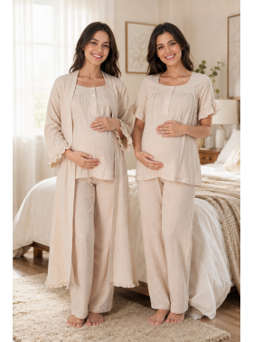 Effortt Bej Müslin Kumaş %100 Pamuk Hamile Lohusa Pijama Takımı Sabahlık 3084